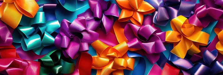 Poster - Brightly colored ribbons and bows create a visually striking pattern, ideal for festive occasions or gift wrapping art. Generative AI