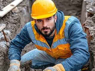 Construction Worker Inspecting Foundation of Building Site