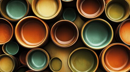 Aufkleber - A cozy collection of circular tea cups showcases warm brown and green tones, creating a harmonious and inviting display. Generative AI