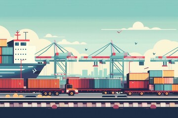 Fototapete - Containers are being transferred from a ship to a truck at a busy transport hub, showcasing efficient logistics operations. Generative AI