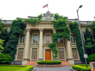 Wall Mural - A large building with a green ivy growing on it. The building has a large American flag on top