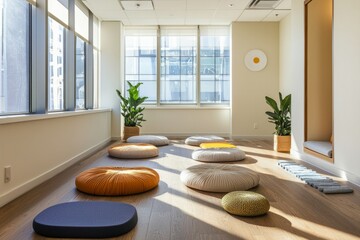 Poster - A dedicated wellness room in the office with yoga mats and meditation cushions. Employees take time to recharge and focus on their well-being