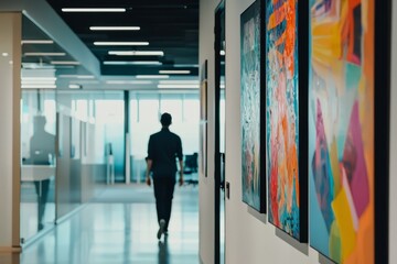 Wall Mural - A modern office hallway adorned with artwork and motivational quotes. Employees walk through a vibrant space that promotes positivity and creativity