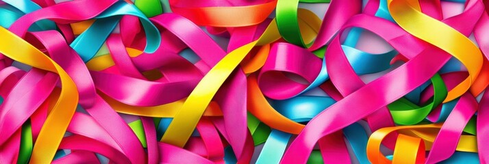 Aufkleber - Colorful ribbons in pink, yellow, and blue intersect smoothly, forming a lively pattern that adds cheer and celebration to any occasion. Generative AI