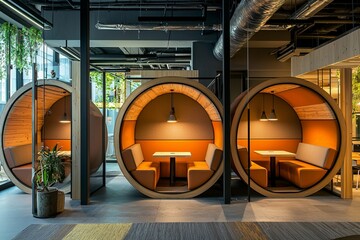 Poster - A modern office showcasing a blend of open spaces and private pods. Employees can work together or find quiet areas for focused tasks