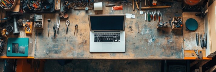 Fototapete - The workspace features a laptop surrounded by an array of tools on a rustic wooden table illuminated by natural light. Generative AI