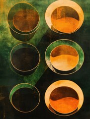 Aufkleber - Circular tea cups in warm brown and green shades create a harmonious, abstract arrangement on a textured background. Generative AI