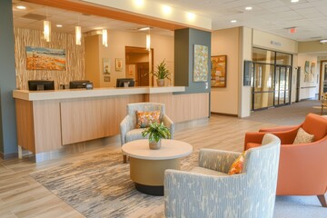 Poster - A modern reception area with comfortable seating and a welcoming vibe. Visitors are greeted by friendly staff and an inviting atmosphere
