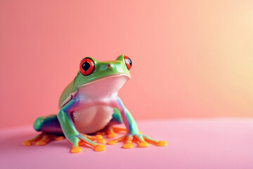 red-eyed frog perched on vibrant pink backdrop.