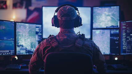 Poster - A man in a military uniform sits in front of a computer monitor with a headset on. He is focused on the screen, possibly working on a mission or a task. 