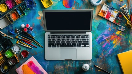 Aufkleber - A vibrant workspace displays a laptop positioned amidst an array of paints, brushes, and colorful art materials scattered around. Generative AI