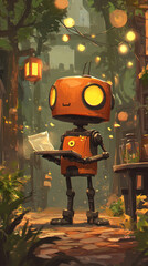 Poster - A robot is holding a book and standing in a forest. The robot is orange and has yellow eyes. Scene is whimsical and playful