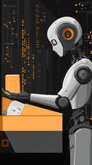 Poster - A robot is standing in front of a keyboard. The robot is wearing a white and orange outfit
