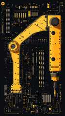 Poster - A yellow robot is shown in a black background. The robot is surrounded by a lot of wires and circuits. The image has a futuristic and industrial feel to it