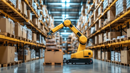Poster - A robot is in a warehouse, picking up boxes. The robot is yellow and has a long arm