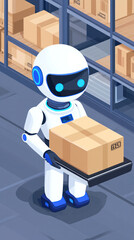 Poster - A robot is holding a box in a warehouse. The robot is white and blue. The warehouse is filled with boxes