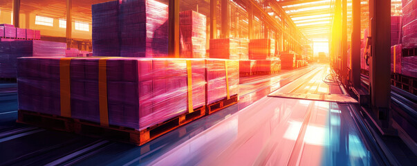 Poster - A warehouse with a conveyor belt and a large stack of boxes. The boxes are pink and yellow