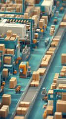 Poster - A computer generated image of a warehouse with a conveyor belt and a robot. The robot is moving boxes along the conveyor belt