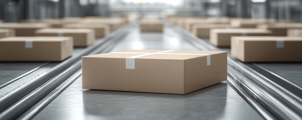 Poster - A row of boxes are on a conveyor belt. The boxes are brown and white. The boxes are stacked on top of each other