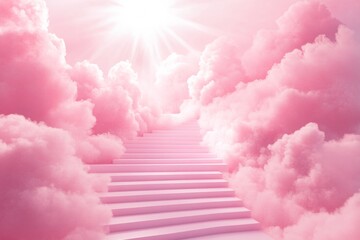 Wall Mural - a pink podium surrounded by clouds, with bright light and a background of pink clouds. the podium is