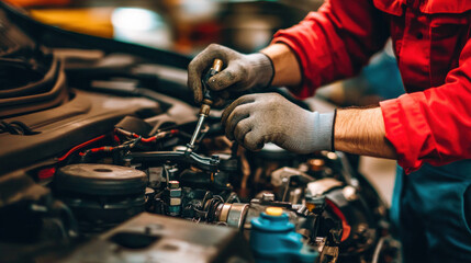 A mechanic is working on a car engine, wearing gloves and a red shirt. Concept of focus and determination as the mechanic carefully inspects and repairs the engine