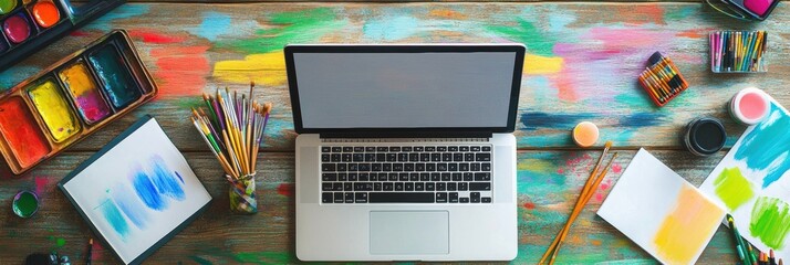 Poster - A creative workspace displays a laptop alongside colorful paints, brushes, and art supplies, perfect for artistic projects and inspiration. Generative AI