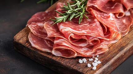 Sliced meat on a wooden board with rosemary and sea salt, dark rustic background.