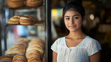 Mexican young female standing in front of bakery