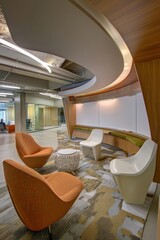 Poster - A collaborative workspace featuring comfortable seating areas and whiteboards. Teams gather to brainstorm ideas and share feedback in a relaxed setting