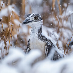 A solitary bird standing amidst falling snow in a winter landscape surrounded by tall grasses and gentle flakes