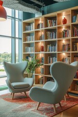 Poster - A quiet corner in a modern office with cozy chairs and bookshelves. Employees take breaks to relax or read in a peaceful environment