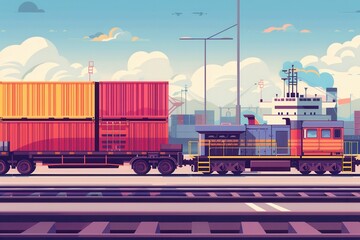 Poster - Containers are being loaded onto a train from a truck at a freight terminal, illustrating efficient intermodal transport coordination. Generative AI