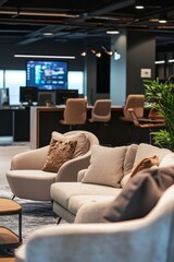 Poster - A stylish lounge area in a modern office where employees can unwind. It features comfortable furniture, a gaming station, and a relaxing ambiance