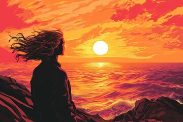 A solo traveler standing on a cliff overlooking the ocean at sunset