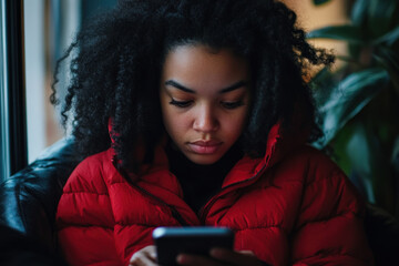 Woman in red jacket, focused on her phone. Background of a bustling city street, people passing by. Her expression shows concentration.