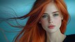 © tonpreecha - A super model with perfekt long red thick hair blowing calmly in the wind looking to the left, studio light photography, dark blue grainy background. Ultra-Realistic, Photo Realistic, highly