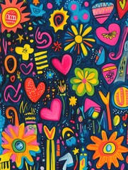 Aufkleber - A lively collection of colorful doodles showcases vibrant symbols such as stars, hearts, and flowers against a dark backdrop. Generative AI