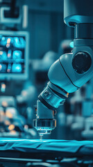 Poster - A robot is in a hospital room, and it is using a needle to inject a patient. The robot is blue and silver, and it is surrounded by medical equipment. Scene is serious and focused