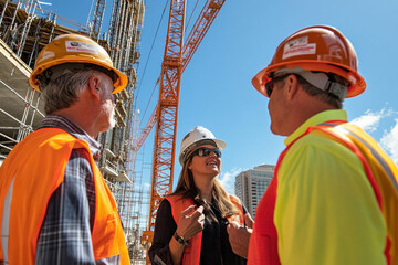 Two construction workers in yellow hard hats having a discussion amidst scaffolding and machinery on a busy construction site.