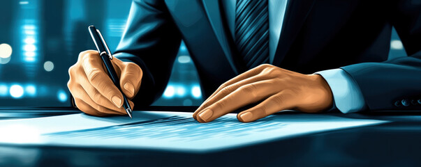 Poster - A man is writing on a piece of paper with a pen. Concept of professionalism and focus, as the man is dressed in a suit and tie and is writing with a pen