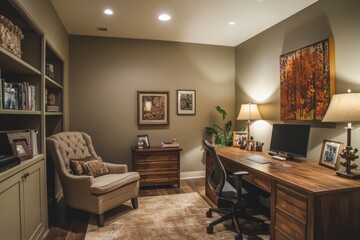 Fototapete - A home office set up in a quiet corner with soft lighting and a comfortable desk. Personal touches like family
