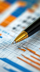 Poster - A pen is on top of a piece of paper with a lot of numbers and lines. The pen is black and gold