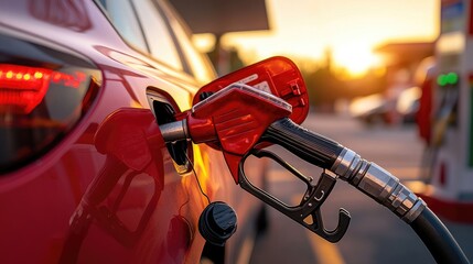 Fuel Pumping at Sunset in a Red Car