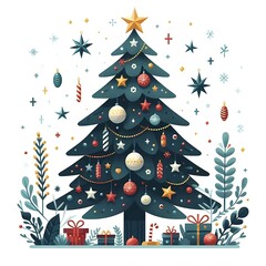 Flat, isolated illustration of a festive Christmas tree adorned with colorful ornaments, lights, and a shining star on top. The tree has a classic triangular shape and vibrant green branches. 