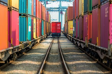 Aufkleber - Containers are being transferred from trucks to trains at a busy transport hub, highlighting the efficient logistics operations. Generative AI