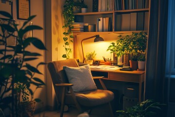 Fototapete - A small home office filled with warm lighting and wooden furniture. A comfortable chair sits by a desk covered with books