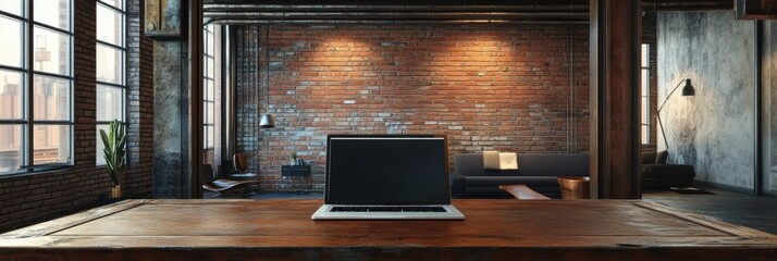 Poster - A modern laptop sits on a rustic wooden table in a stylish urban loft, illuminated by natural light streaming through large windows. Generative AI