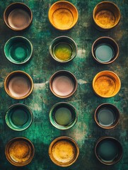 Aufkleber - This arrangement showcases circular tea cups in warm brown and green tones on a textured wooden surface, inviting a soothing tea experience. Generative AI