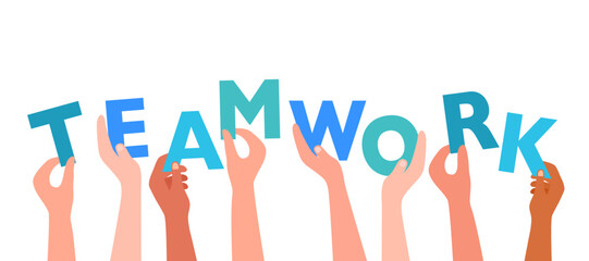 People show teamwork message via text sign in flat design on white background.