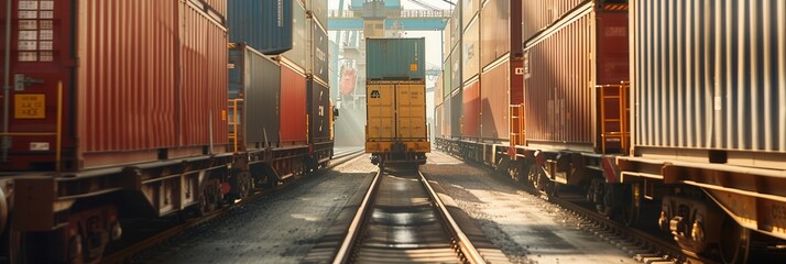 Wall Mural - Workers coordinate the loading of containers from trucks onto trains in a bustling freight yard under clear skies. Generative AI